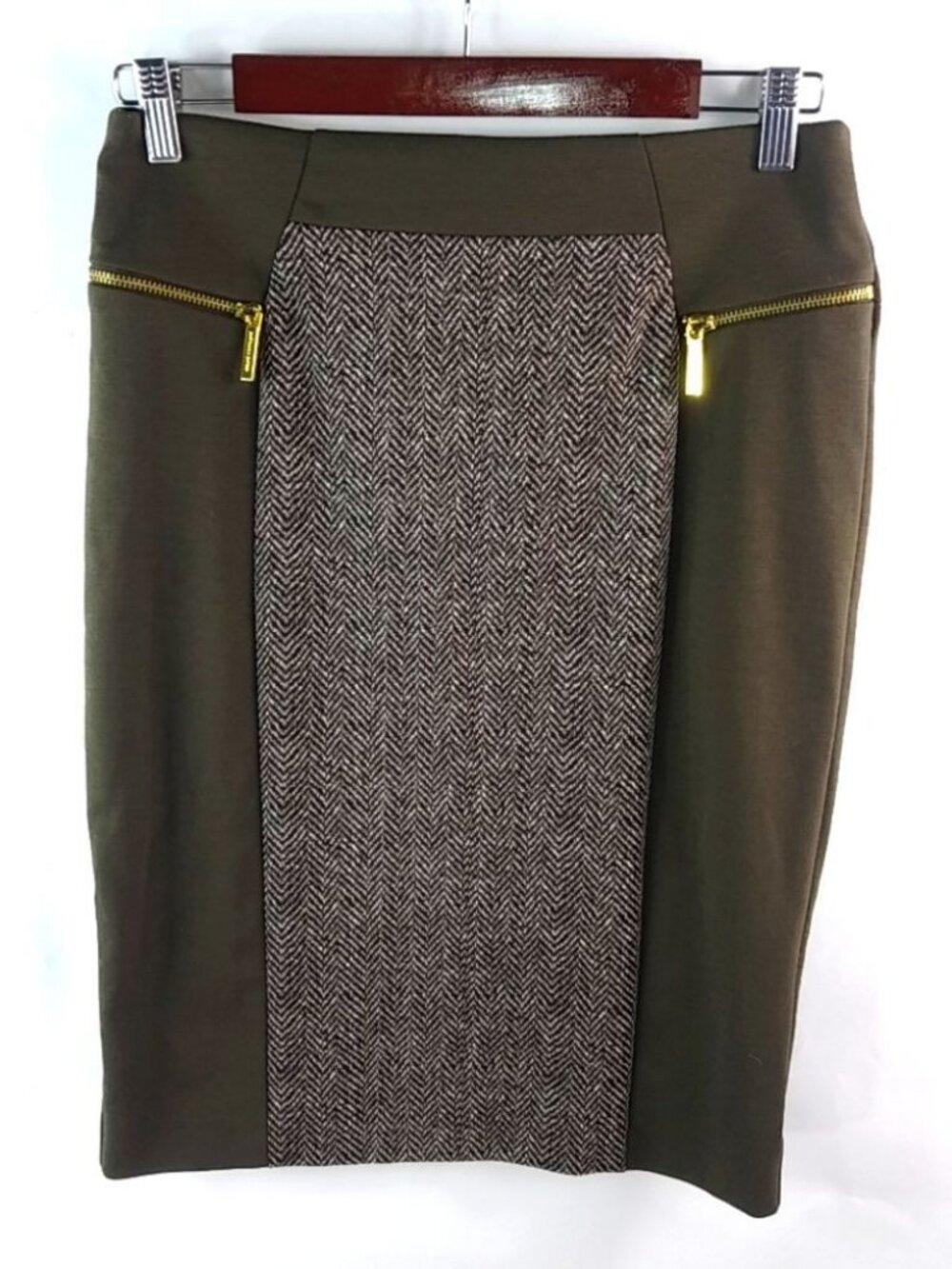 Michael Kors 6 Brown Gold Herringbone Pencil Skirt